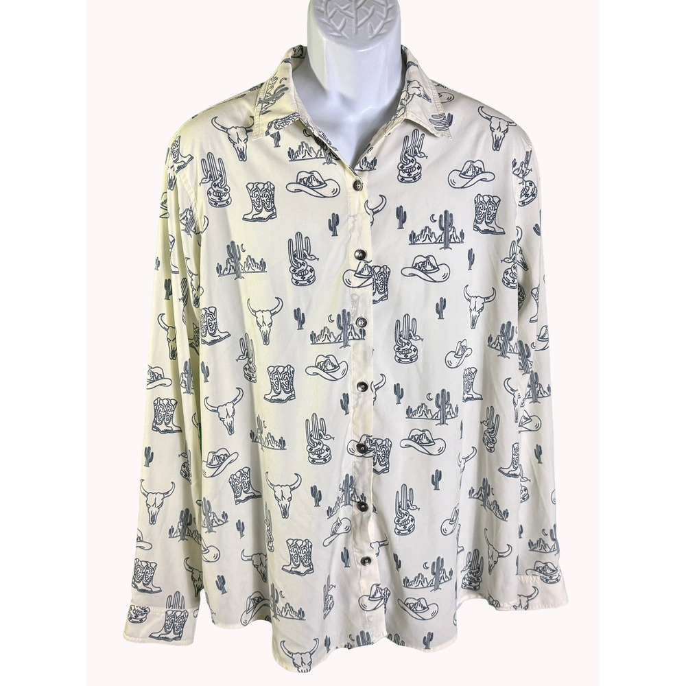 Ariat Button Down Shirt Womens XL Cream Western Print Long Sleeve Cowboy Cacti